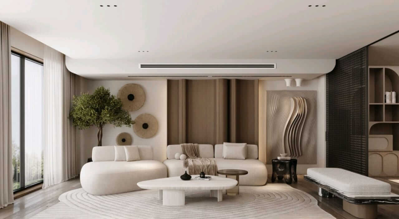 Japandi Style Living Room with Curved Sofa and Natural Art - interior design by Livspot Projects