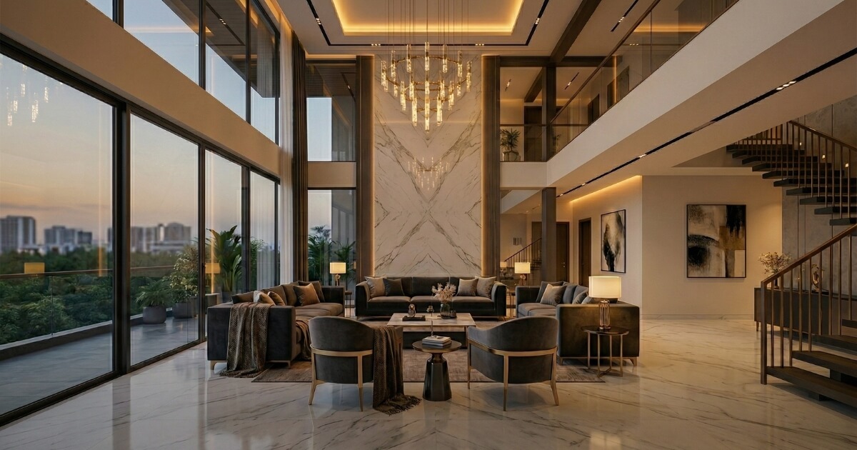Double Height Luxury Living with Marble Feature Wall - interior design by Livspot Projects