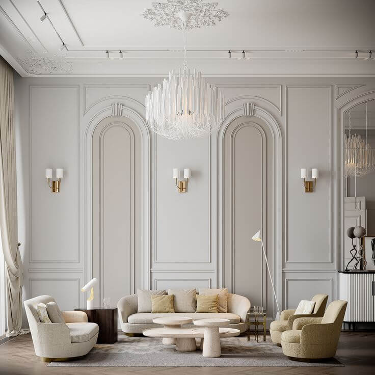 Classic French Interior with Arched Panels and Chandelier - interior design by Livspot Projects