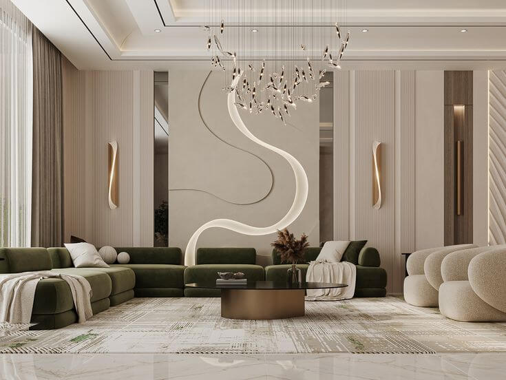 Sculptural Living Room with Organic Sofa and Feature Wall - interior design by Livspot Projects