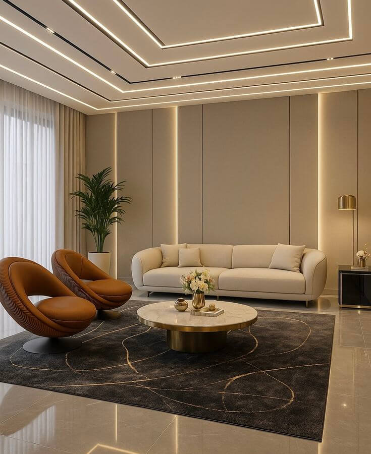 Contemporary Living with Linear LED Ceiling and Gold Accents - interior design by Livspot Projects